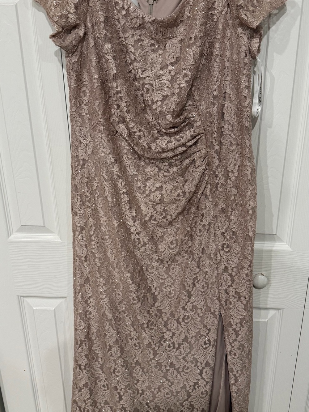 Oleg Cassini Dusty Rose Lace Maxi Dress with Draped Front